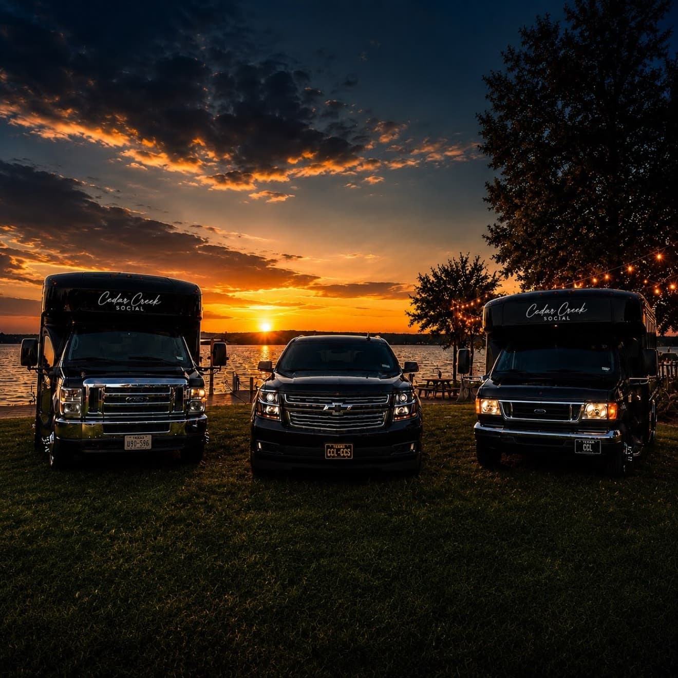 Cedar Creek Social fleet at sunset on Cedar Creek Lake