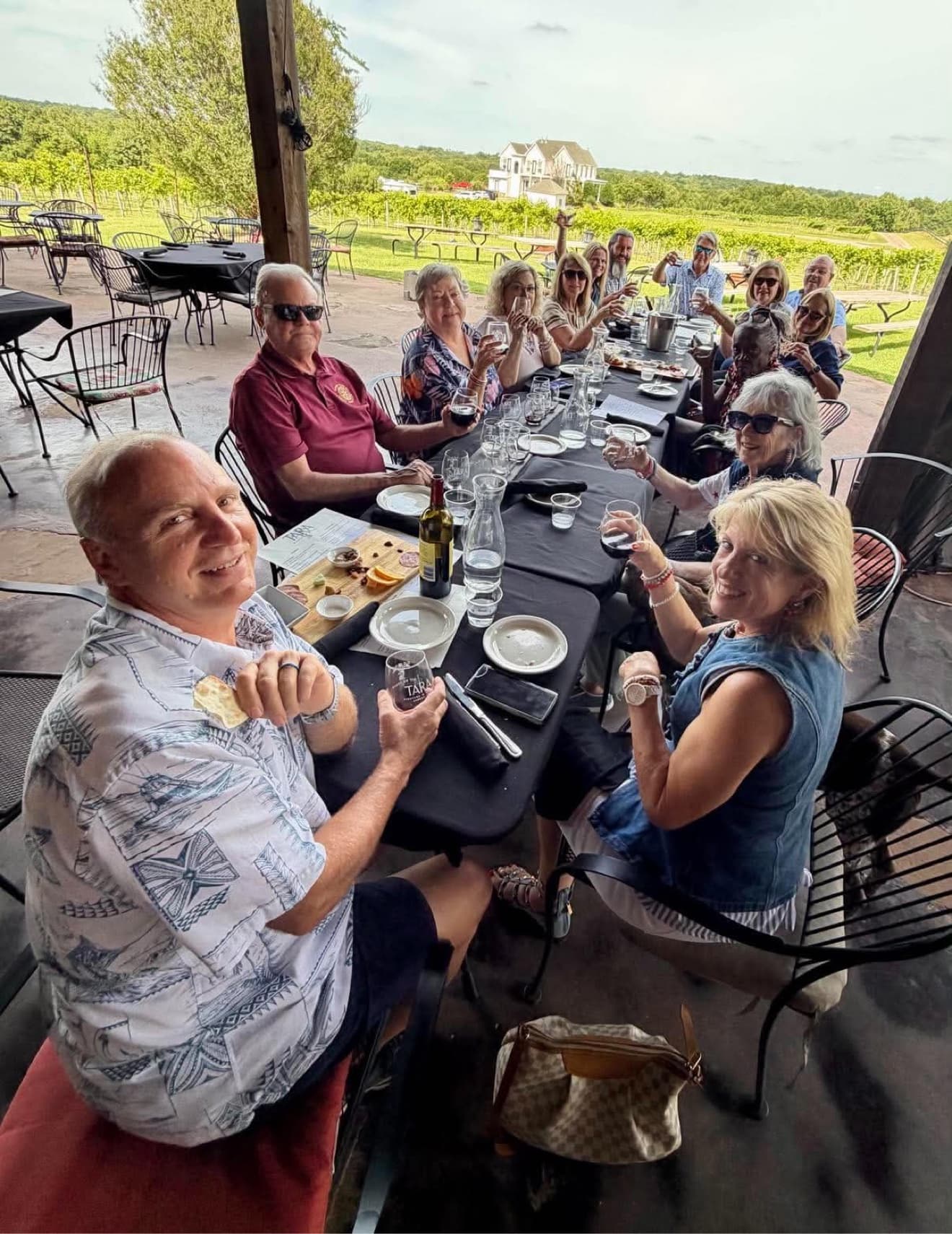 Group toasting at a winery stop